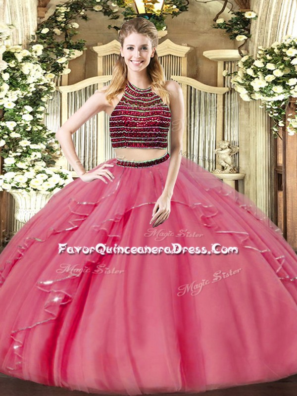 Traditional Organza Halter Top Sleeveless Zipper Beading and Ruffles Ball Gown Prom Dress in Coral Red