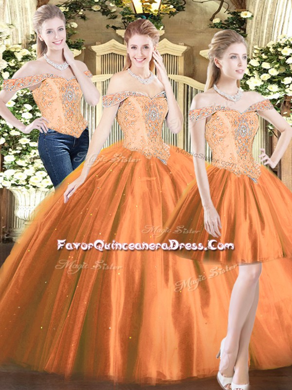  Tulle Off The Shoulder Sleeveless Lace Up Beading 15 Quinceanera Dress in Orange Red