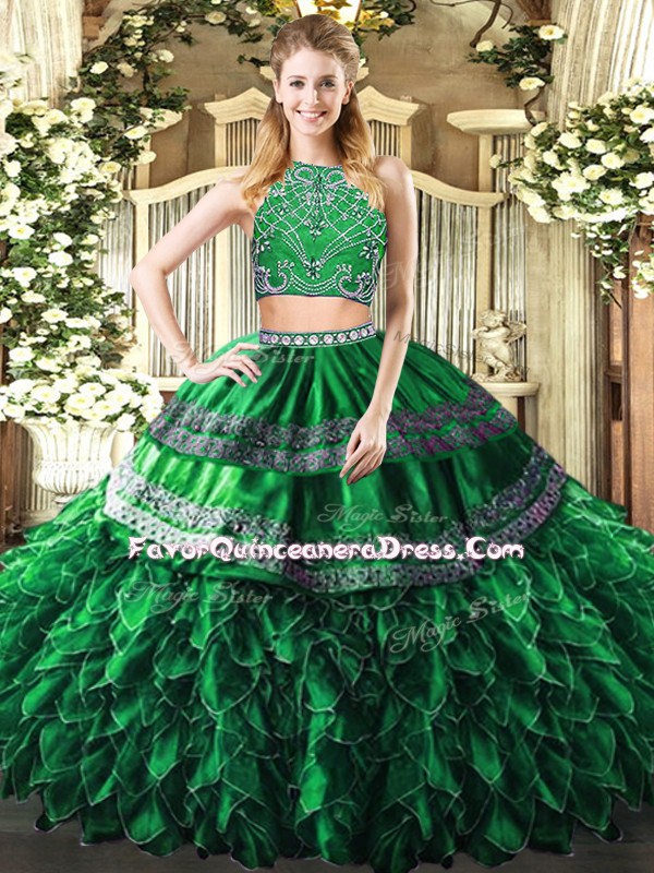 Discount Floor Length Dark Green Quinceanera Gown High-neck Sleeveless