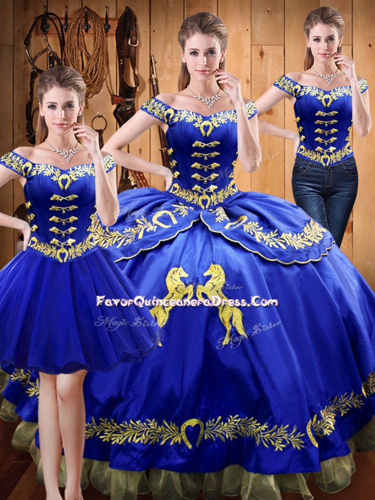  Royal Blue Satin and Organza Lace Up Ball Gown Prom Dress Sleeveless Floor Length Embroidery