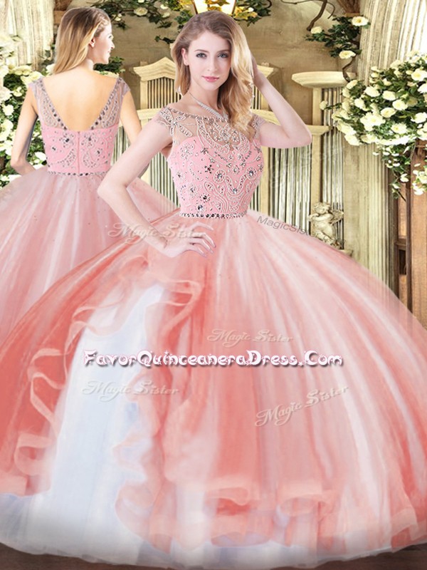 Low Price Peach Ball Gowns Beading and Ruffles Quinceanera Gown Zipper Tulle Sleeveless Floor Length
