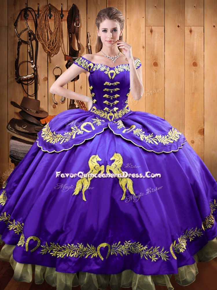  Eggplant Purple Ball Gowns Beading and Embroidery Sweet 16 Dresses Lace Up Satin and Organza Sleeveless Floor Length