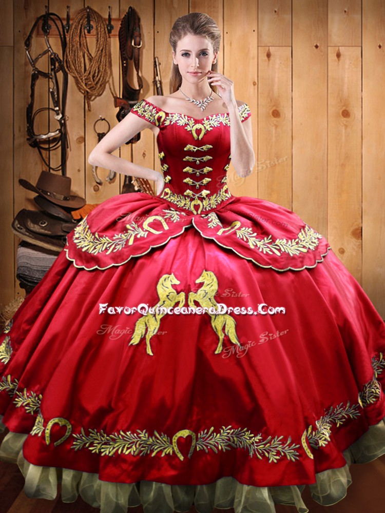 Flare Floor Length Red Sweet 16 Quinceanera Dress Off The Shoulder Sleeveless Lace Up