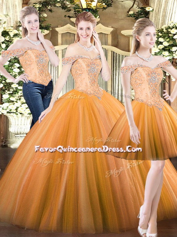Stylish Floor Length Orange Red Sweet 16 Dresses Tulle Sleeveless Beading