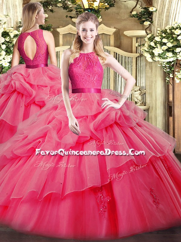  Scoop Sleeveless Quinceanera Gown Floor Length Lace and Ruffled Layers Coral Red Organza