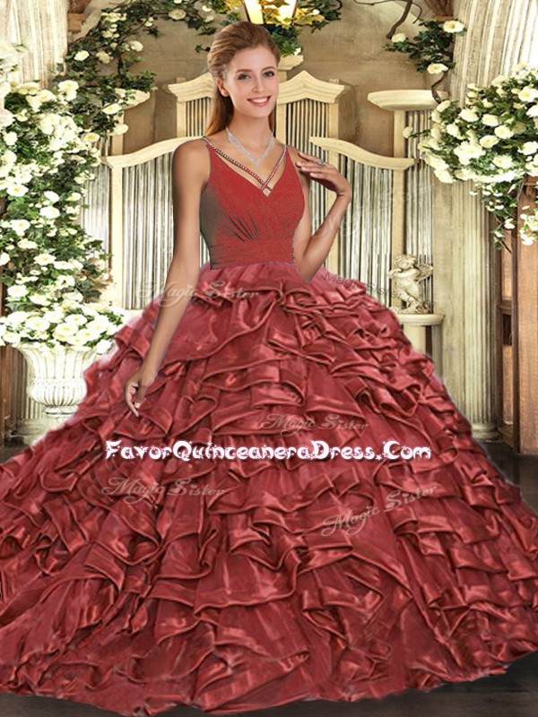 Top Selling Ruffles 15 Quinceanera Dress Rust Red Backless Sleeveless Sweep Train