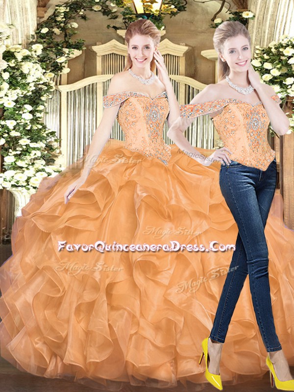 Flirting Orange Red Organza Lace Up Off The Shoulder Sleeveless Floor Length Ball Gown Prom Dress Beading and Ruffles