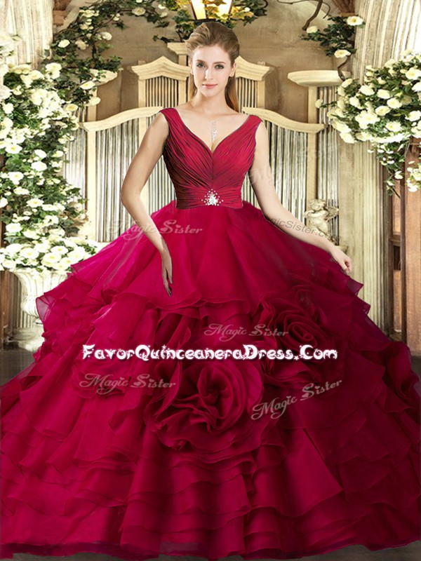 New Style V-neck Sleeveless Backless Vestidos de Quinceanera Red Organza