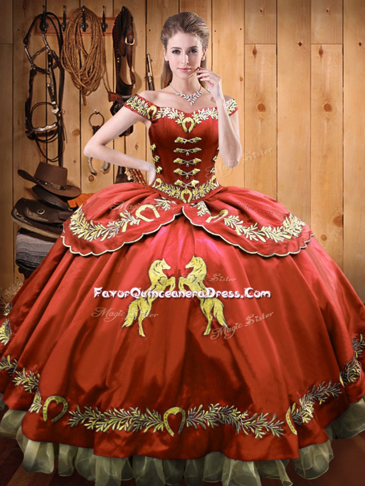 Ideal Satin and Organza Off The Shoulder Sleeveless Lace Up Beading and Embroidery Vestidos de Quinceanera in Rust Red