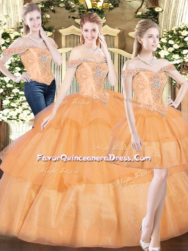 Suitable Off The Shoulder Sleeveless Organza 15th Birthday Dress Beading and Ruffled Layers Lace Up