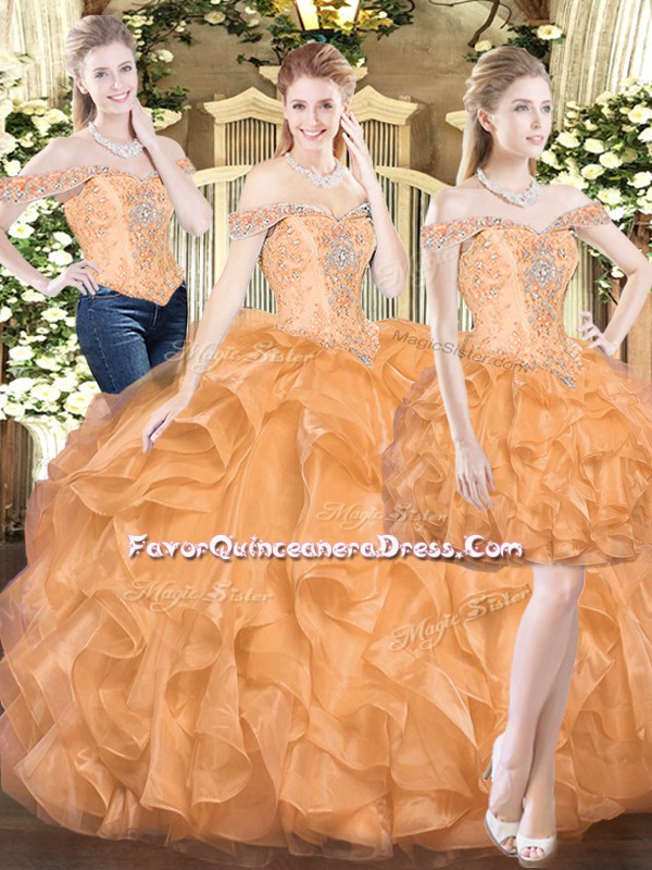 Captivating Orange Red Three Pieces Organza Off The Shoulder Sleeveless Ruffles Floor Length Lace Up Quinceanera Gowns