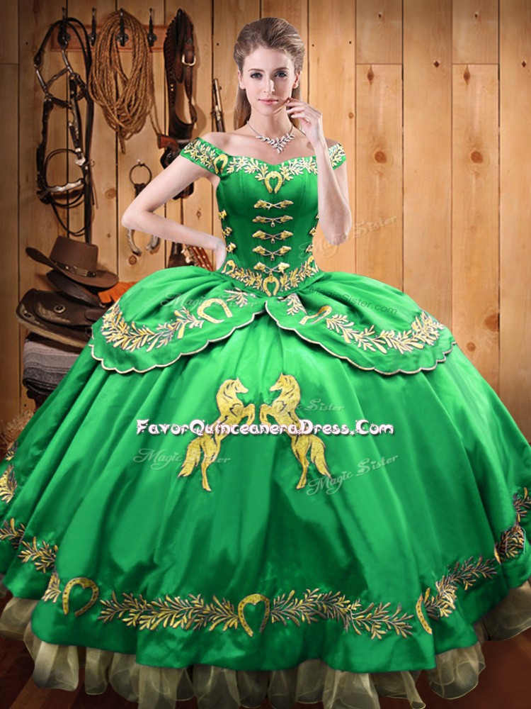  Off The Shoulder Sleeveless Lace Up Quinceanera Gowns Green Satin and Organza