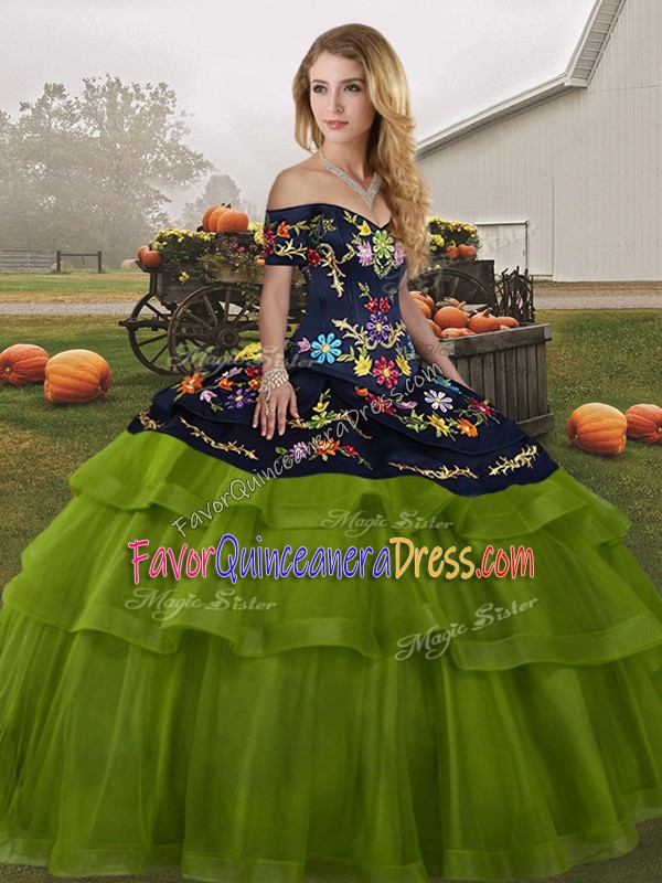  Olive Green Vestidos de Quinceanera Military Ball and Sweet 16 and Quinceanera with Embroidery and Ruffled Layers Off The Shoulder Sleeveless Brush Train Lace Up