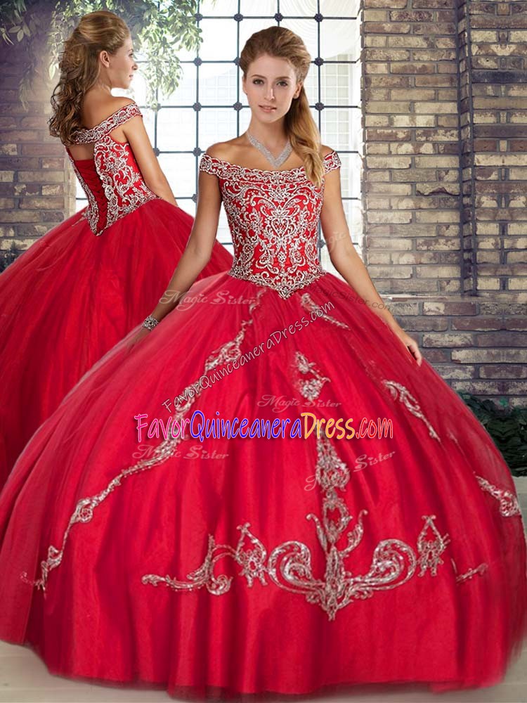 Extravagant Red Off The Shoulder Neckline Beading and Embroidery Quinceanera Dress Sleeveless Lace Up