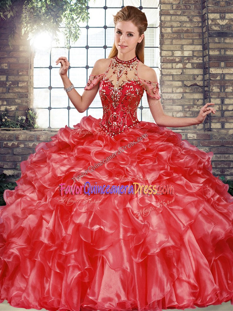 Artistic Coral Red Halter Top Lace Up Beading and Ruffles Quinceanera Gowns Sleeveless