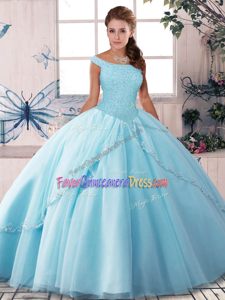  Tulle Sleeveless Ball Gown Prom Dress Brush Train and Beading