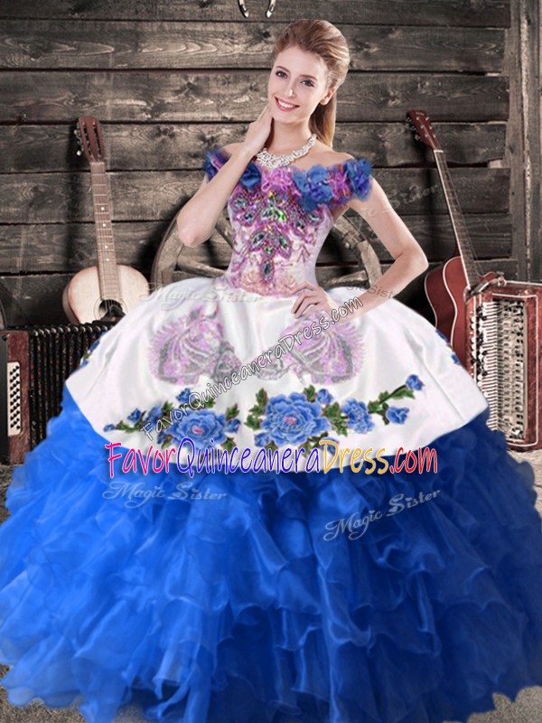  Blue And White Sweet 16 Dress Sweet 16 and Quinceanera with Appliques Off The Shoulder Sleeveless Lace Up