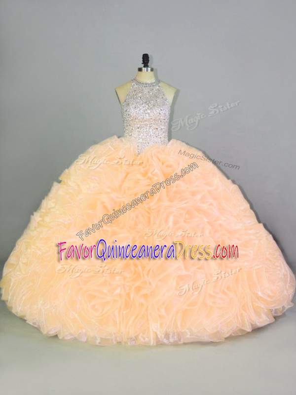 Dramatic Halter Top Sleeveless Lace Up Quinceanera Dress Peach Organza