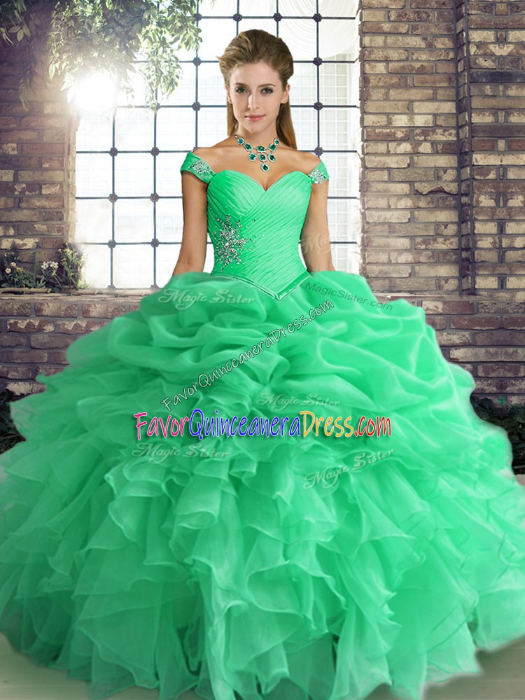 Fancy Turquoise Ball Gowns Off The Shoulder Sleeveless Organza Floor Length Lace Up Beading and Ruffles and Pick Ups Quinceanera Gowns