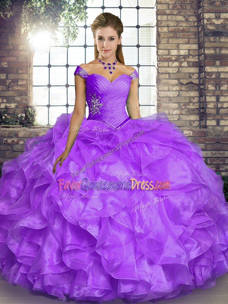  Off The Shoulder Sleeveless Quinceanera Dresses Floor Length Beading and Ruffles Lavender Organza