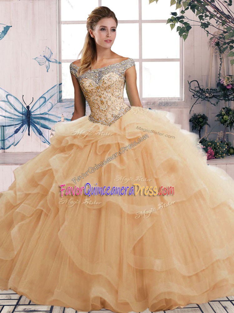  Floor Length Champagne Sweet 16 Quinceanera Dress Tulle Sleeveless Beading and Ruffles