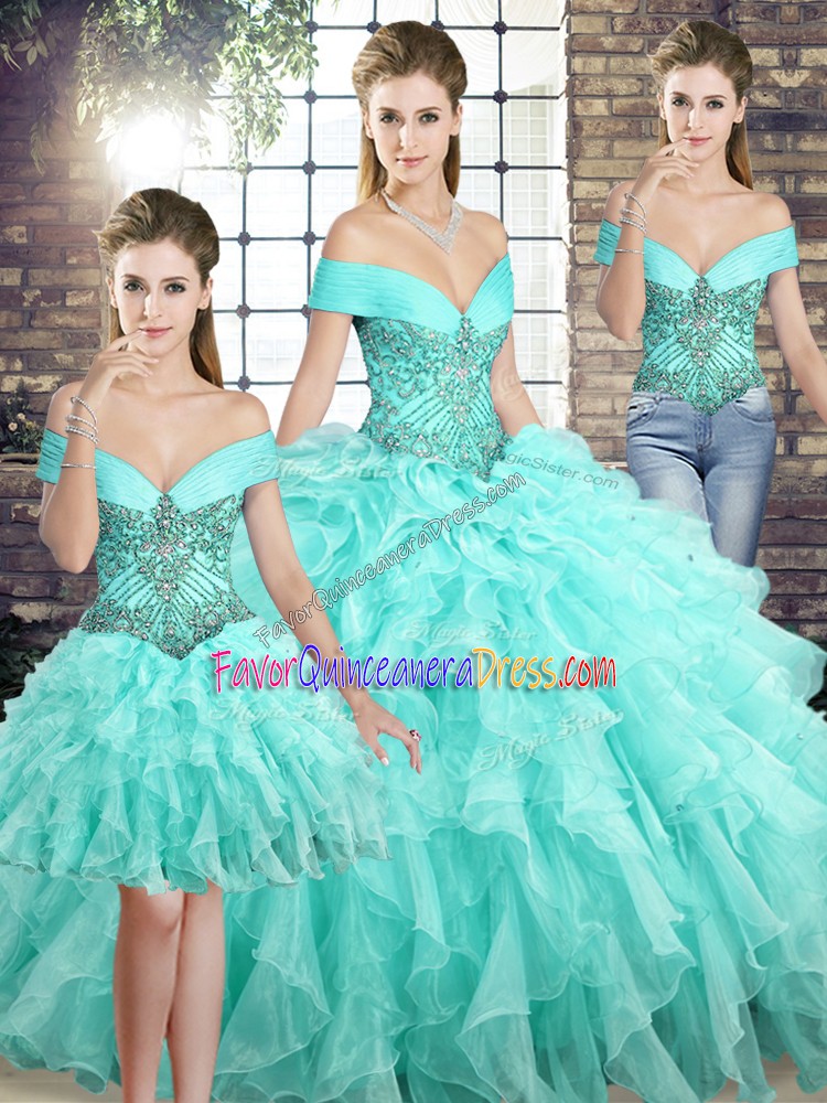 Chic Lace Up Quince Ball Gowns Aqua Blue for Military Ball and Sweet 16 and Quinceanera with Beading and Ruffles Brush Train