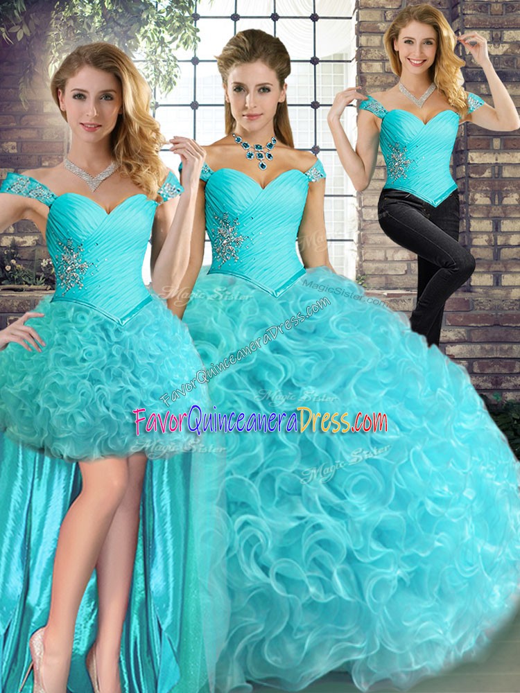 Popular Aqua Blue Three Pieces Beading 15th Birthday Dress Lace Up Fabric With Rolling Flowers Sleeveless Floor Length