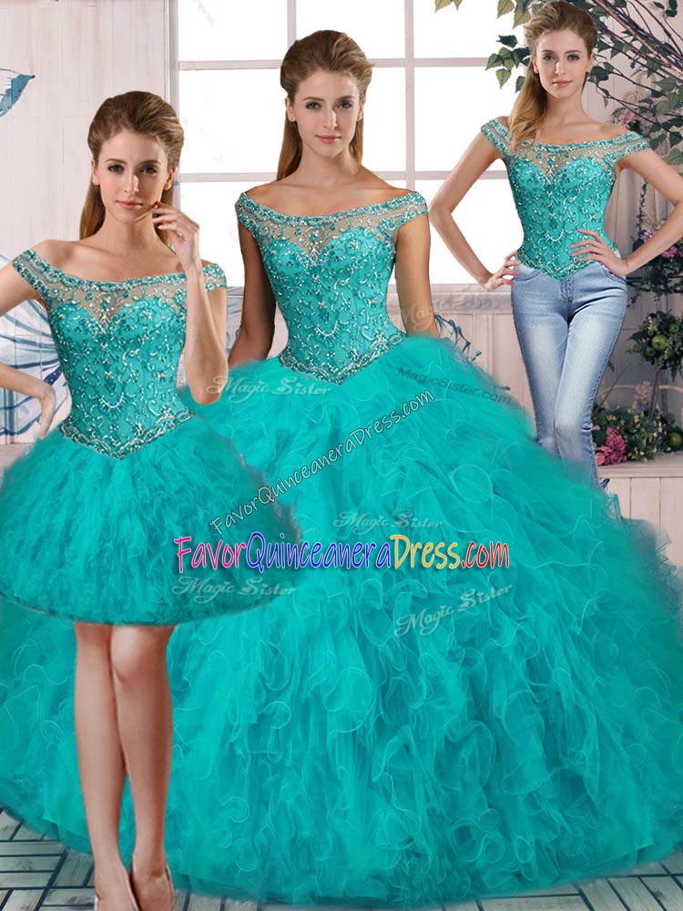  Aqua Blue Sleeveless Tulle Brush Train Lace Up Sweet 16 Quinceanera Dress for Sweet 16 and Quinceanera