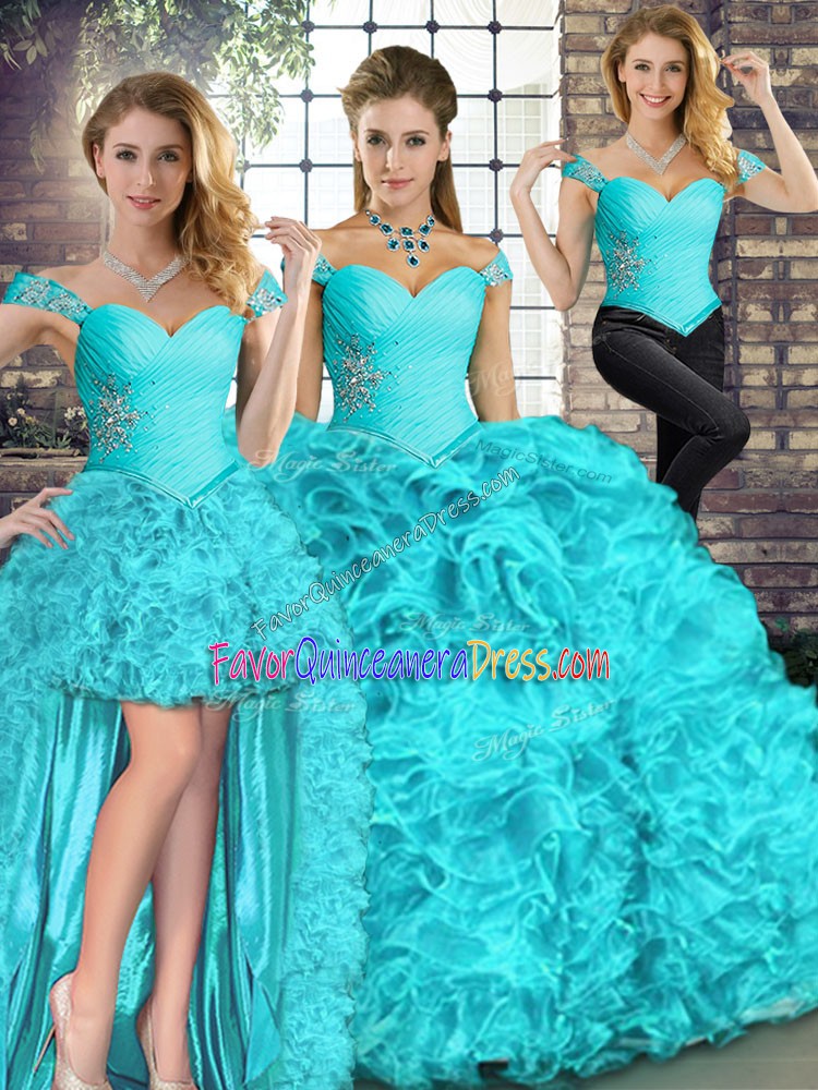  Off The Shoulder Sleeveless Ball Gown Prom Dress Floor Length Beading and Ruffles Aqua Blue Organza