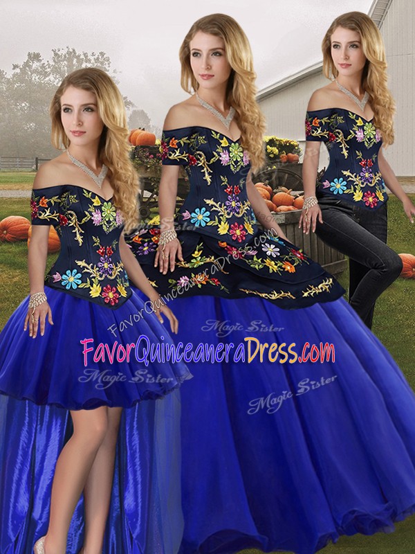  Royal Blue Tulle Lace Up Sweet 16 Dresses Sleeveless Floor Length Embroidery