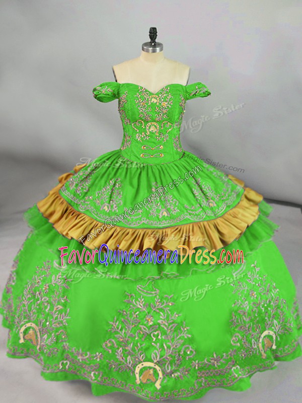  Green Ball Gowns Off The Shoulder Sleeveless Satin Floor Length Lace Up Embroidery Sweet 16 Quinceanera Dress