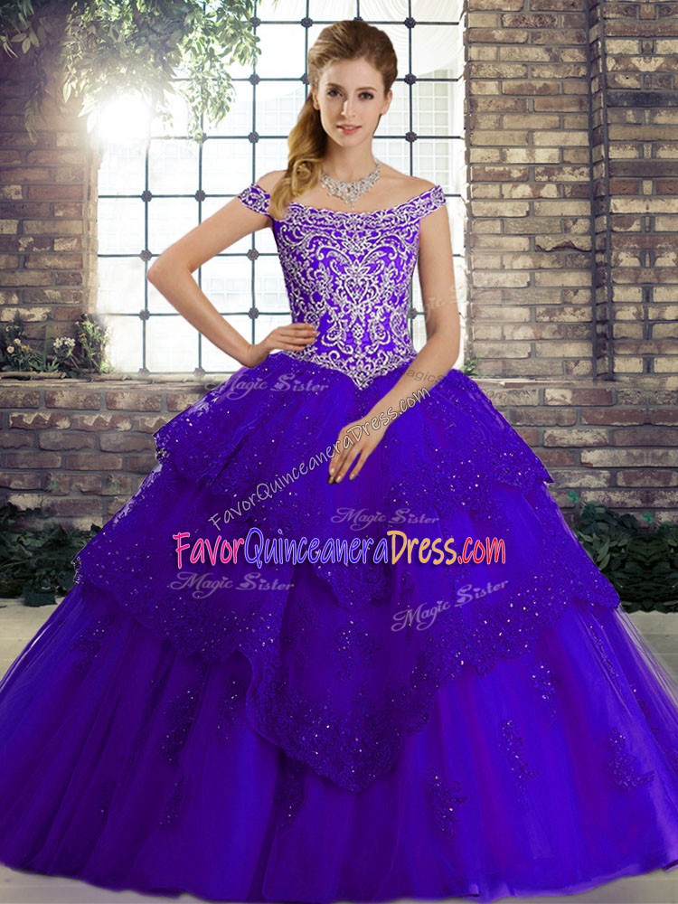  Purple Ball Gowns Beading and Lace 15th Birthday Dress Lace Up Tulle Sleeveless