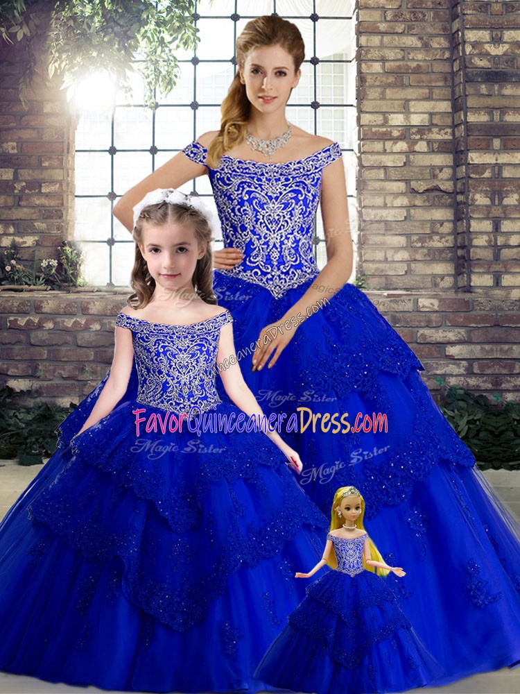 Royal Blue Lace Up Off The Shoulder Beading and Lace Sweet 16 Dress Tulle Sleeveless Brush Train