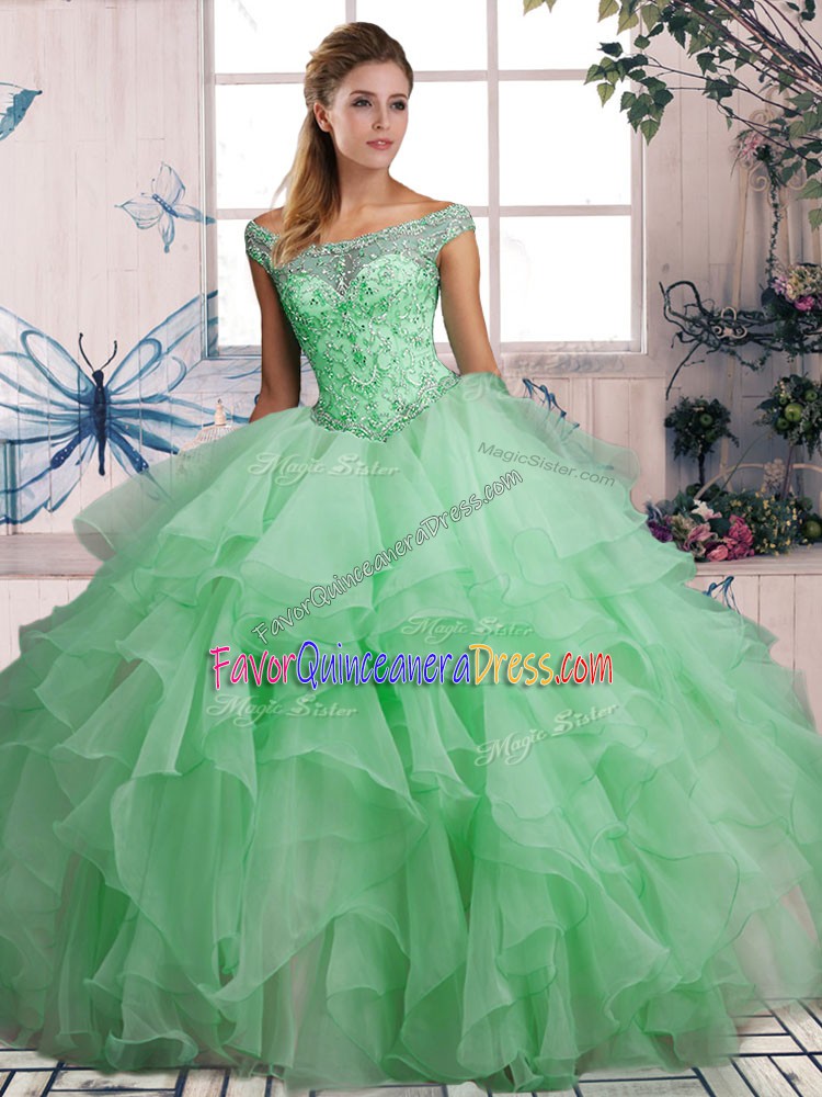 Discount Apple Green Organza Lace Up Quince Ball Gowns Sleeveless Floor Length Beading and Ruffles