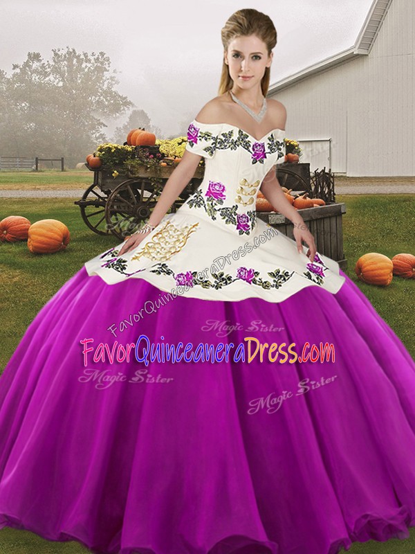 White And Purple Organza Lace Up 15 Quinceanera Dress Sleeveless Floor Length Embroidery