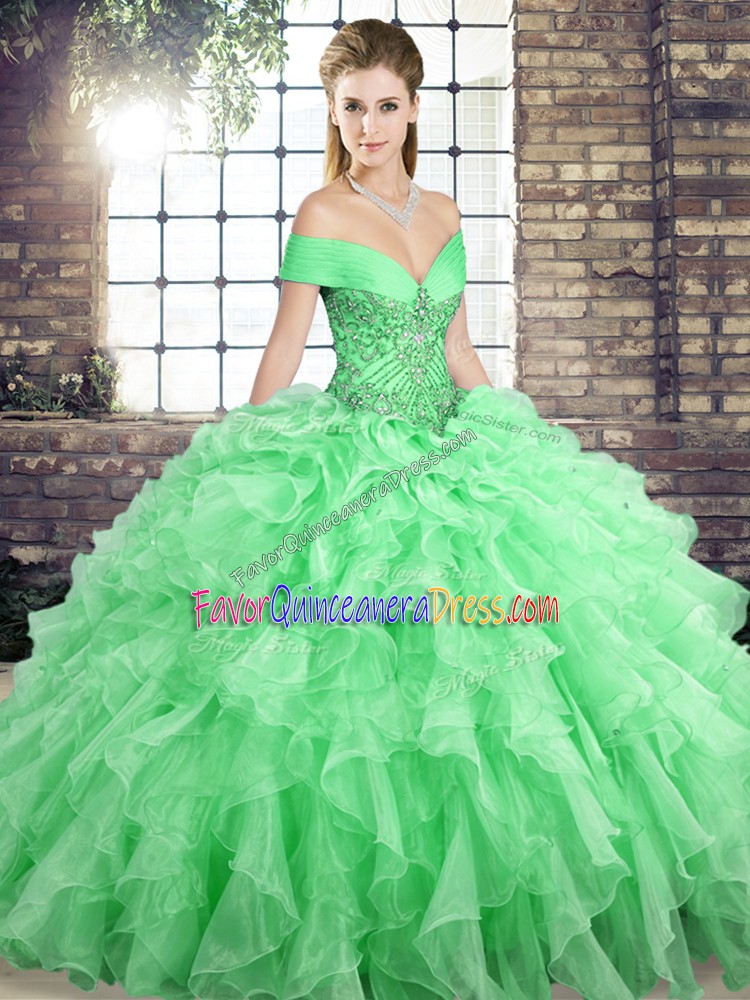  Apple Green Off The Shoulder Lace Up Beading and Ruffles Sweet 16 Dress Brush Train Sleeveless