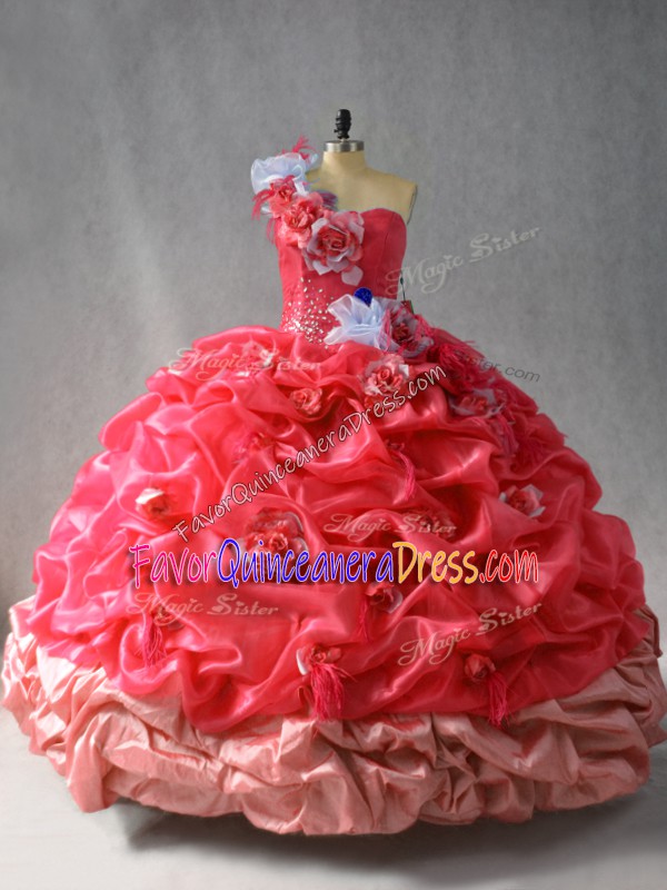 New Arrival Coral Red Lace Up One Shoulder Pick Ups and Hand Made Flower Quinceanera Gown Organza Sleeveless