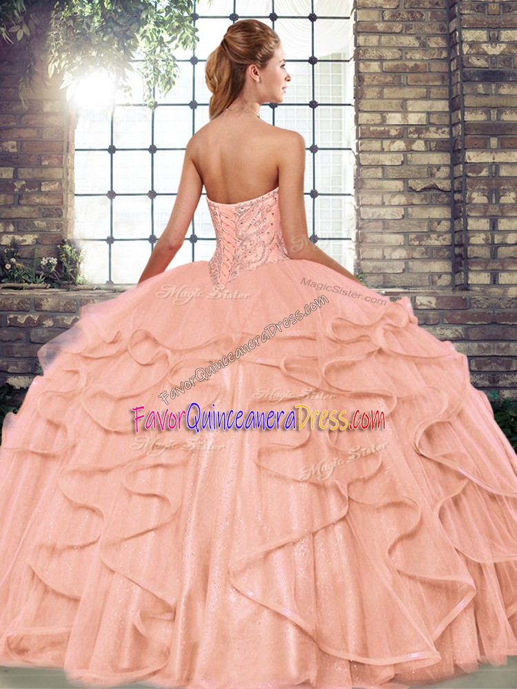 Adorable Red Tulle Lace Up Quince Ball Gowns Sleeveless Floor Length