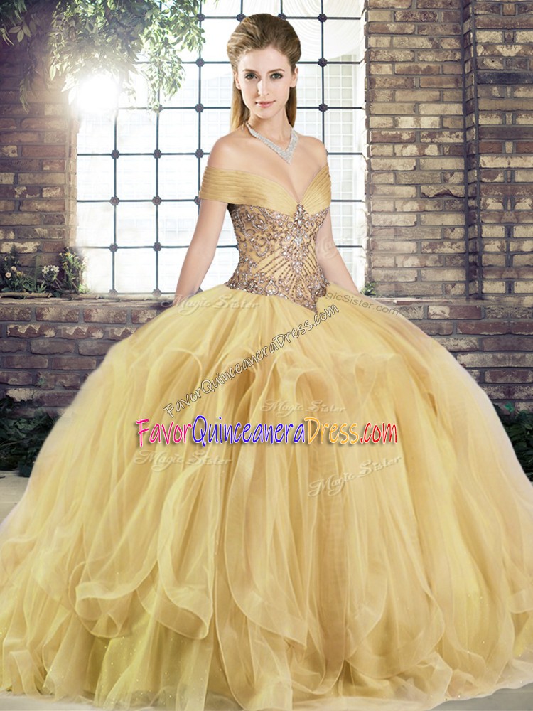 Glittering Floor Length Ball Gowns Sleeveless Gold Sweet 16 Quinceanera Dress Lace Up
