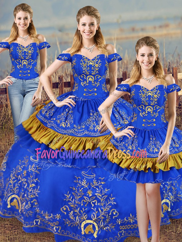 Admirable Blue Ball Gowns Embroidery Quinceanera Dresses Lace Up Satin Sleeveless