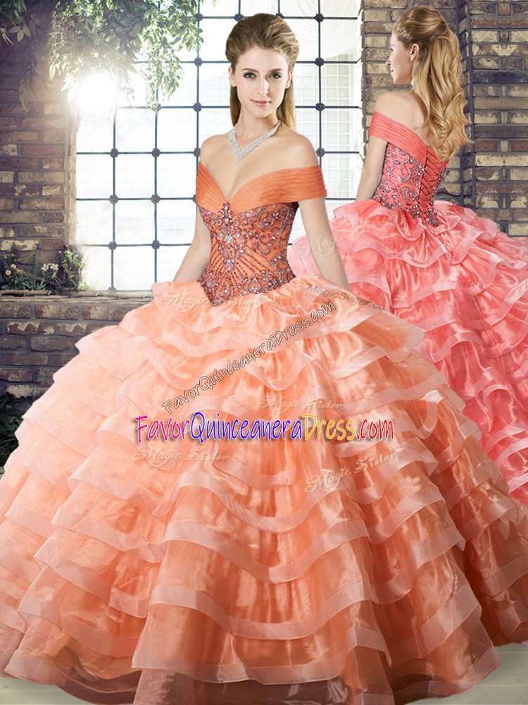 Clearance Sleeveless Beading and Ruffled Layers Lace Up Vestidos de Quinceanera with Peach Brush Train
