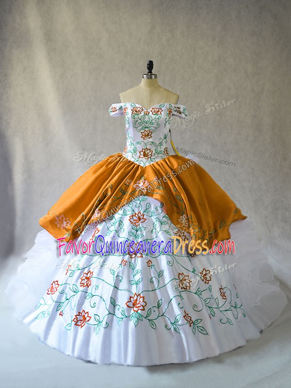 Glamorous Off The Shoulder Sleeveless Sweet 16 Dress Floor Length Embroidery and Ruffles Gold Organza