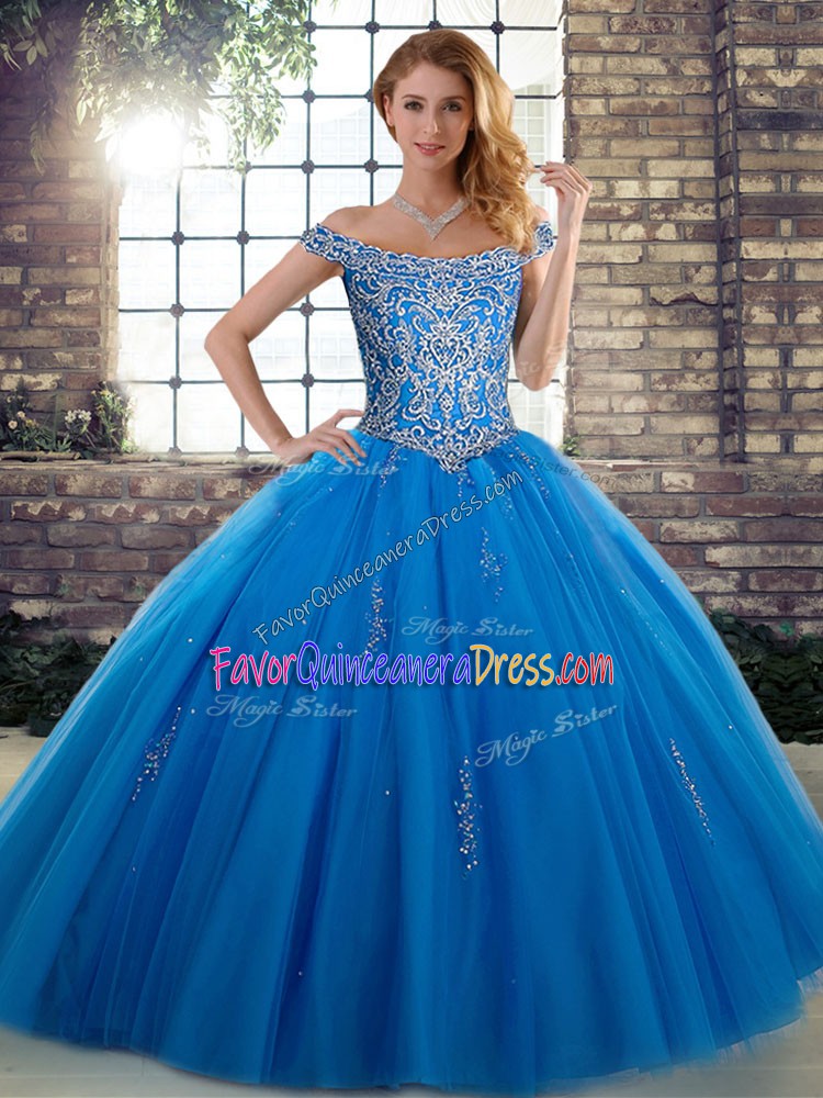  Blue Ball Gowns Beading Sweet 16 Dress Lace Up Tulle Sleeveless Floor Length