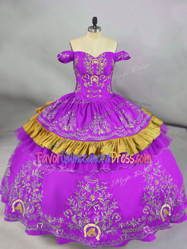 Adorable Purple Satin Lace Up Off The Shoulder Sleeveless Floor Length Sweet 16 Dress Embroidery