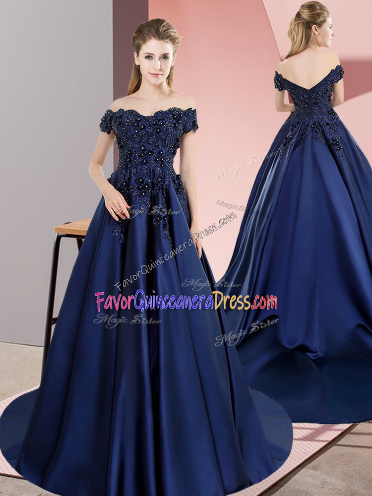  Navy Blue Lace Up Quince Ball Gowns Lace Sleeveless