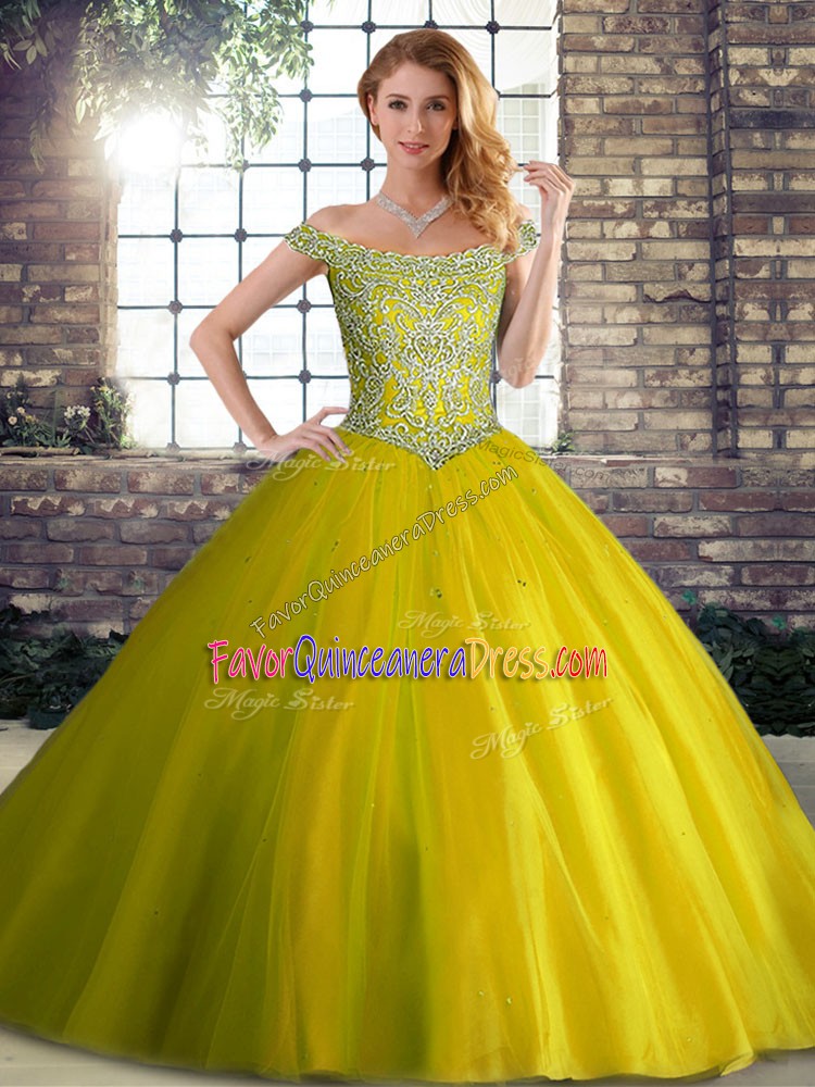 Pretty Yellow Green Quinceanera Gowns Tulle Brush Train Sleeveless Beading