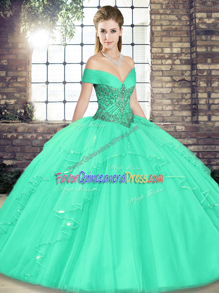 Colorful Apple Green Off The Shoulder Lace Up Beading and Ruffles Quinceanera Dress Sleeveless