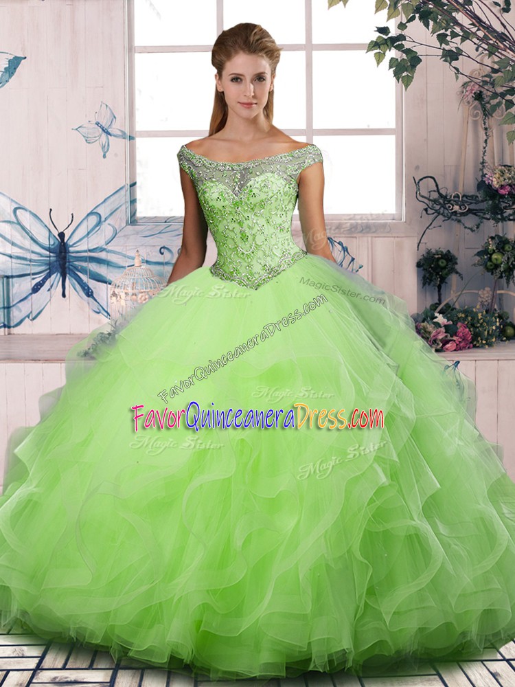 Clearance Off The Shoulder Neckline Beading and Ruffles Vestidos de Quinceanera Sleeveless Lace Up