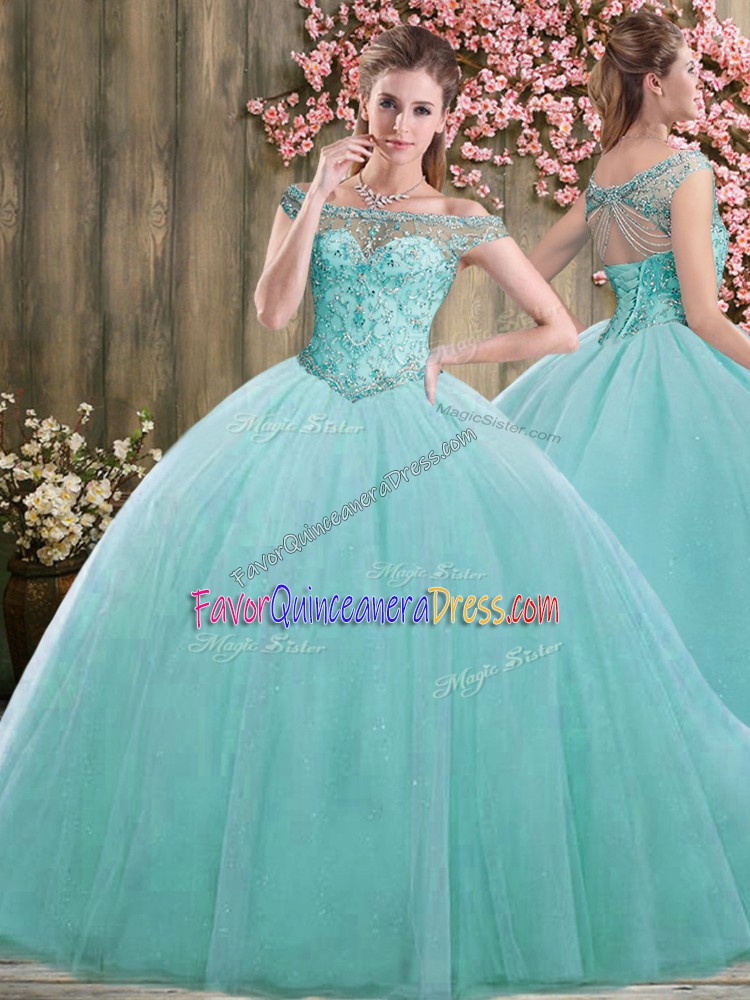  Blue Ball Gowns Tulle Off The Shoulder Sleeveless Beading Floor Length Lace Up Sweet 16 Dress