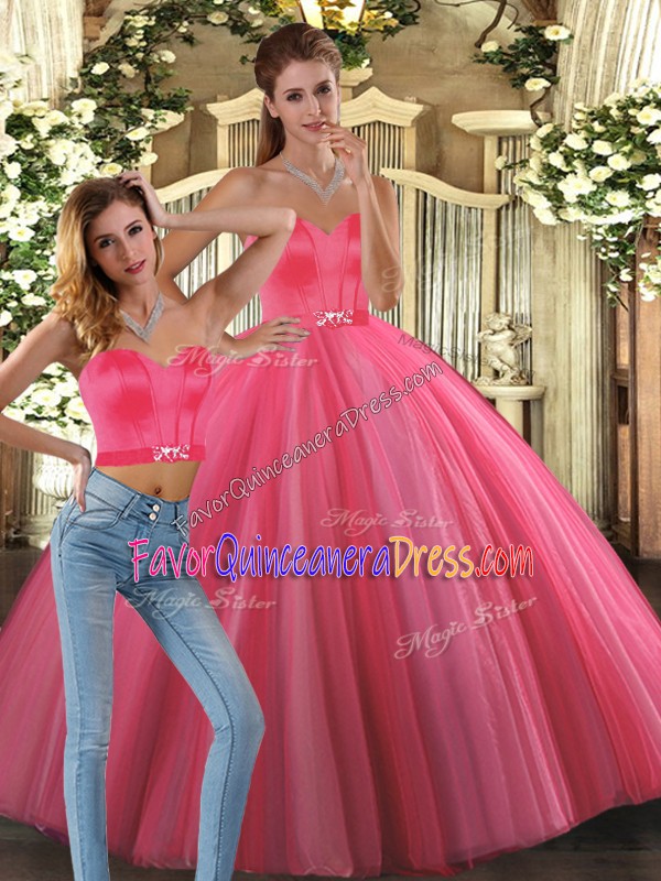  Tulle Sweetheart Sleeveless Lace Up Beading Ball Gown Prom Dress in Coral Red